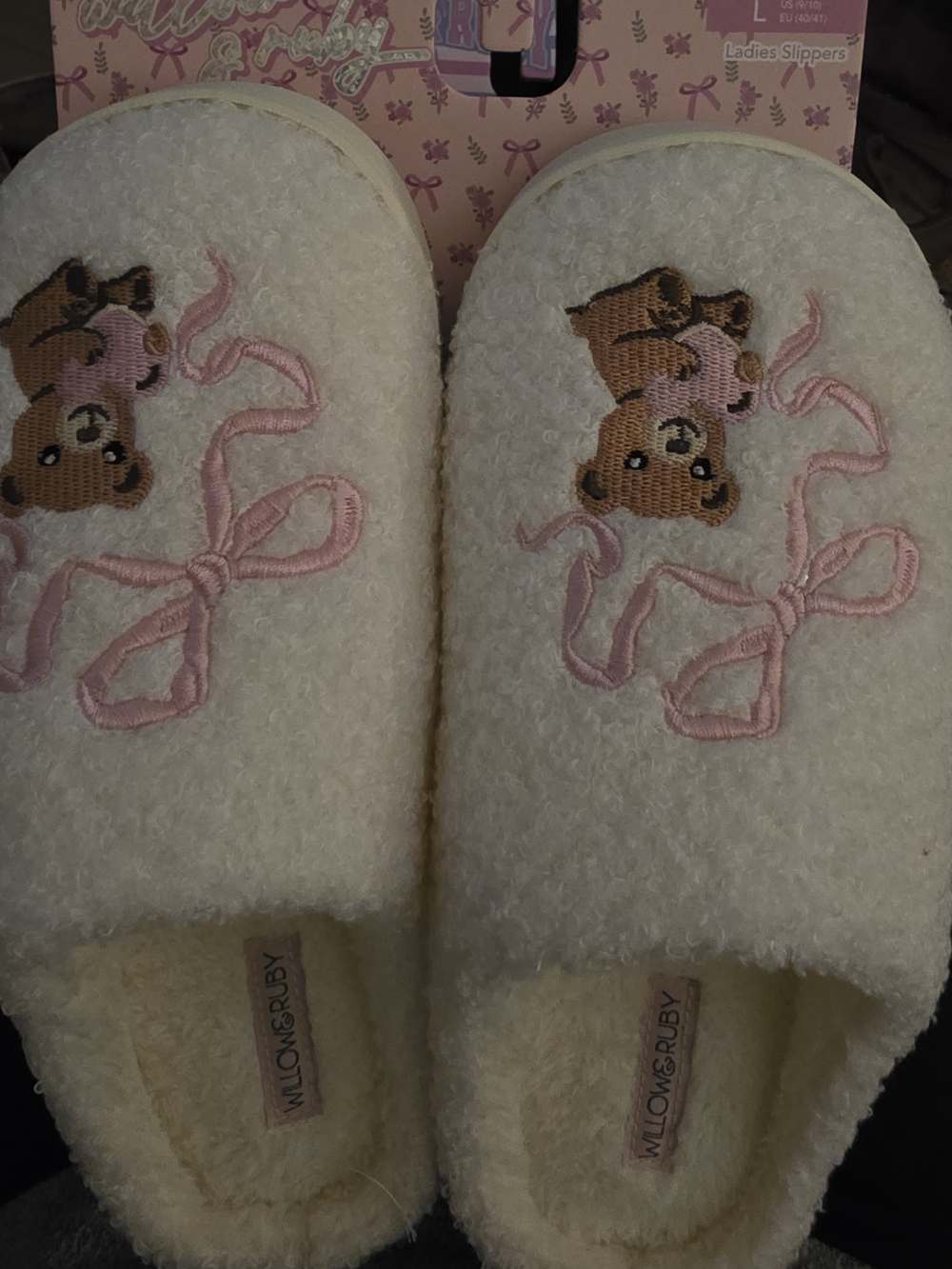 Willow & Ruby Cream Bear Embroidered Slippers